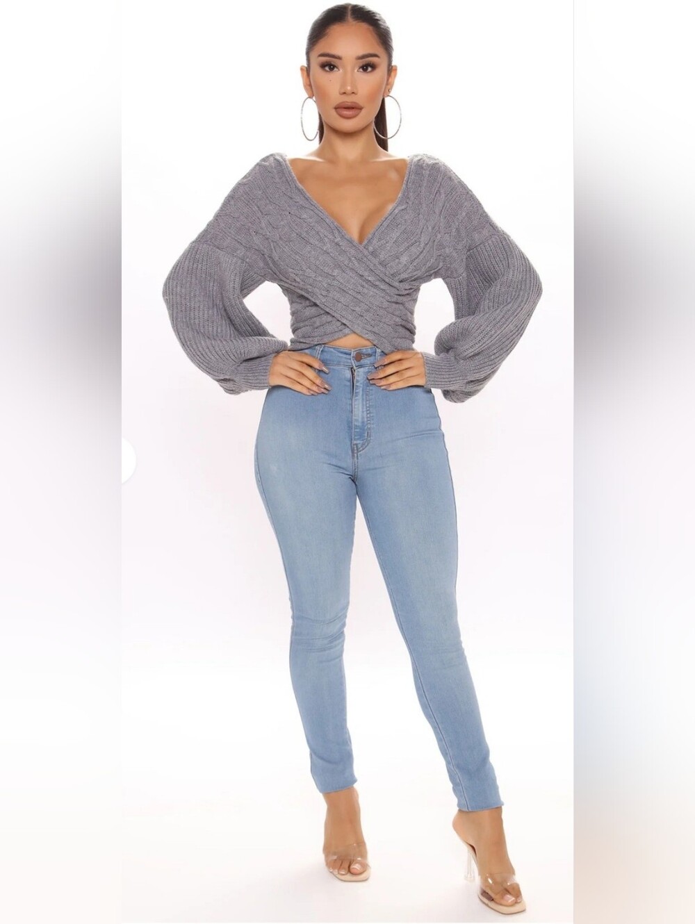 Fashion Nova Grey Cable Knit Wrap Sweater